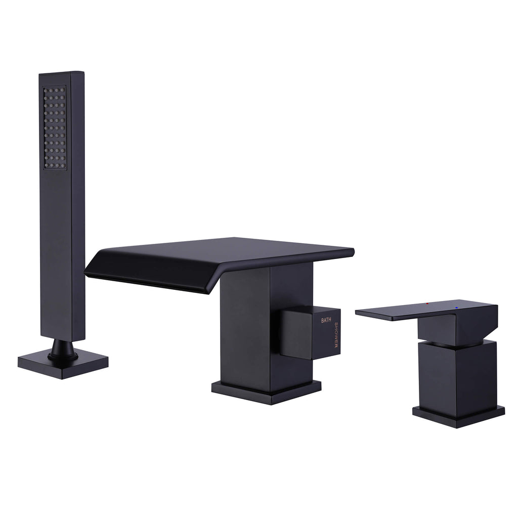 Matte Black 3-Hole Waterfall Roman Tub Faucet with Hand Shower Single Handle