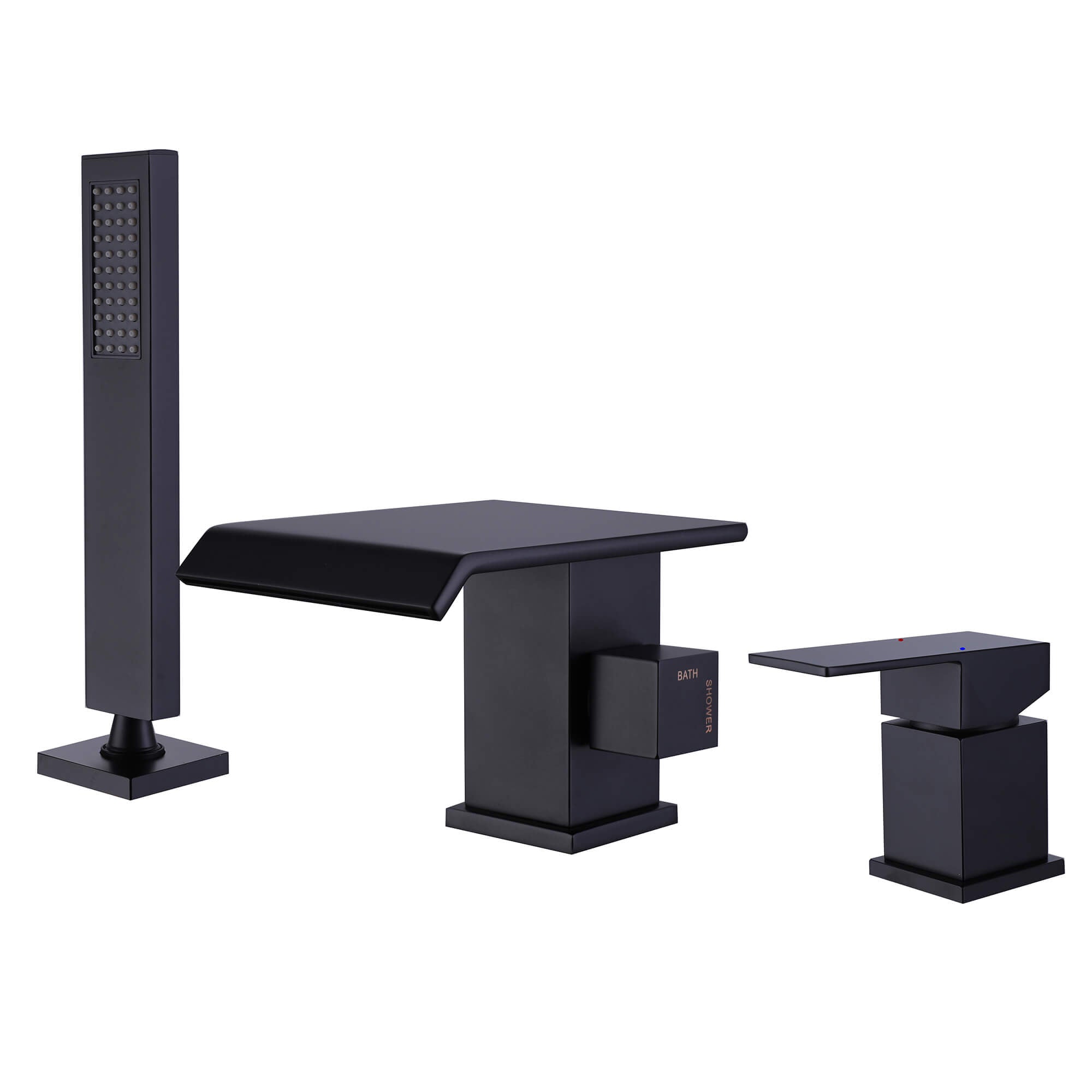 Matte Black 3-Hole Waterfall Roman Tub Faucet with Hand Shower Single Handle