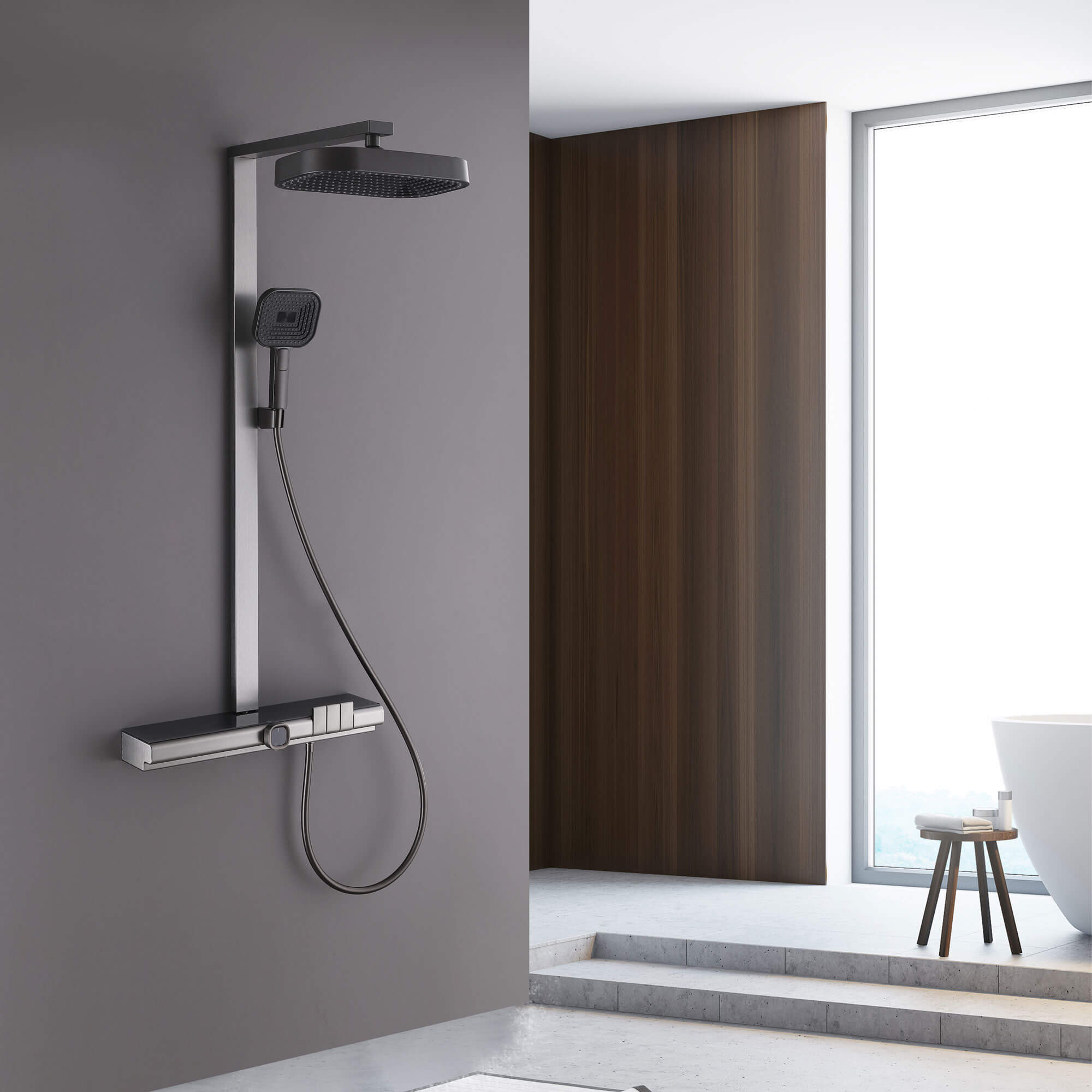 Thermostatic Dual-Head Shower System with Overhead Rain and 3-Functions Handheld Spray