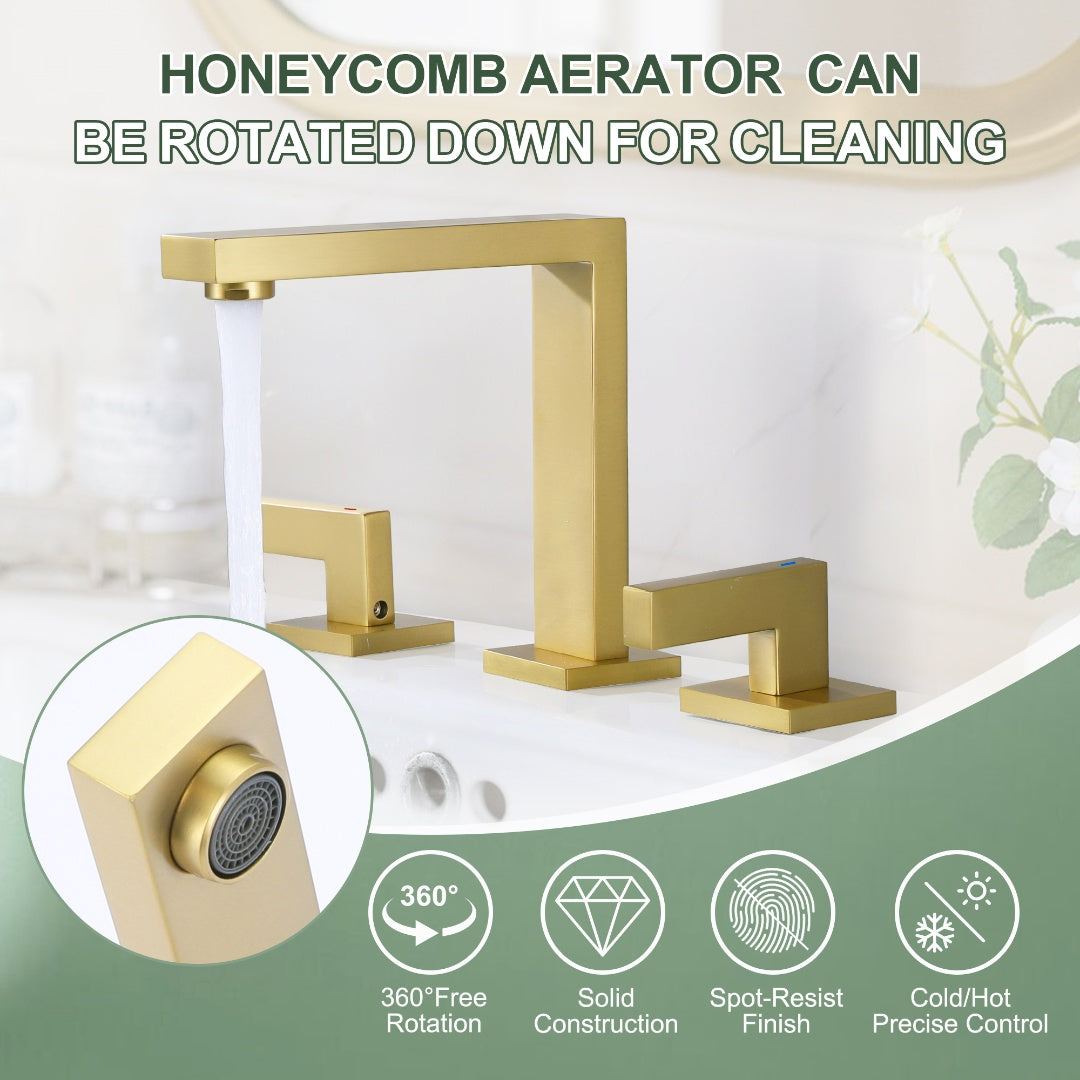 Three Holes 2-Handles Square Sink Faucet In Brushed Gold