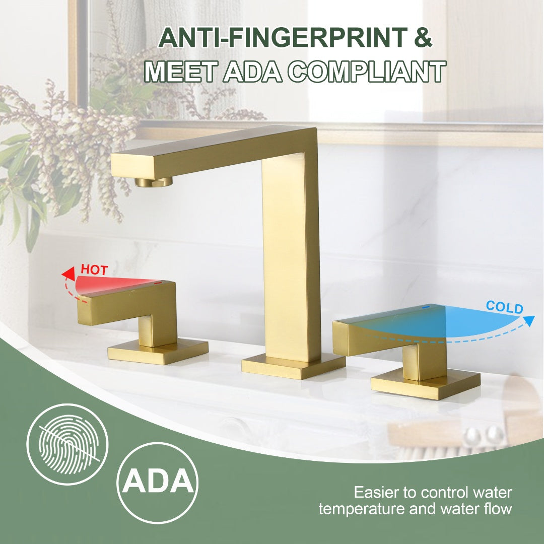 Three Holes 2-Handles Square Sink Faucet In Brushed Gold