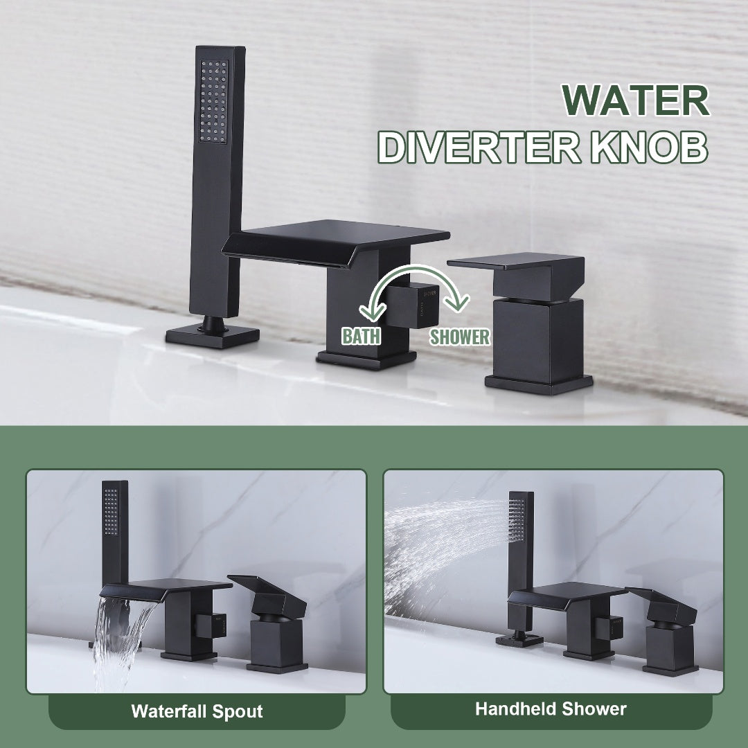 Deck Mounted Matte Black Bathtub Faucet With Waterfall Tub Filler And Hand Shower