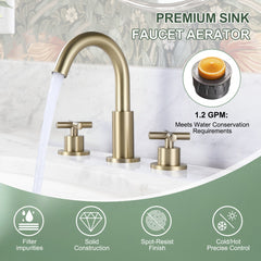 Two Handles 3-Holes Bathroom Sink Faucet In Brushed Gold