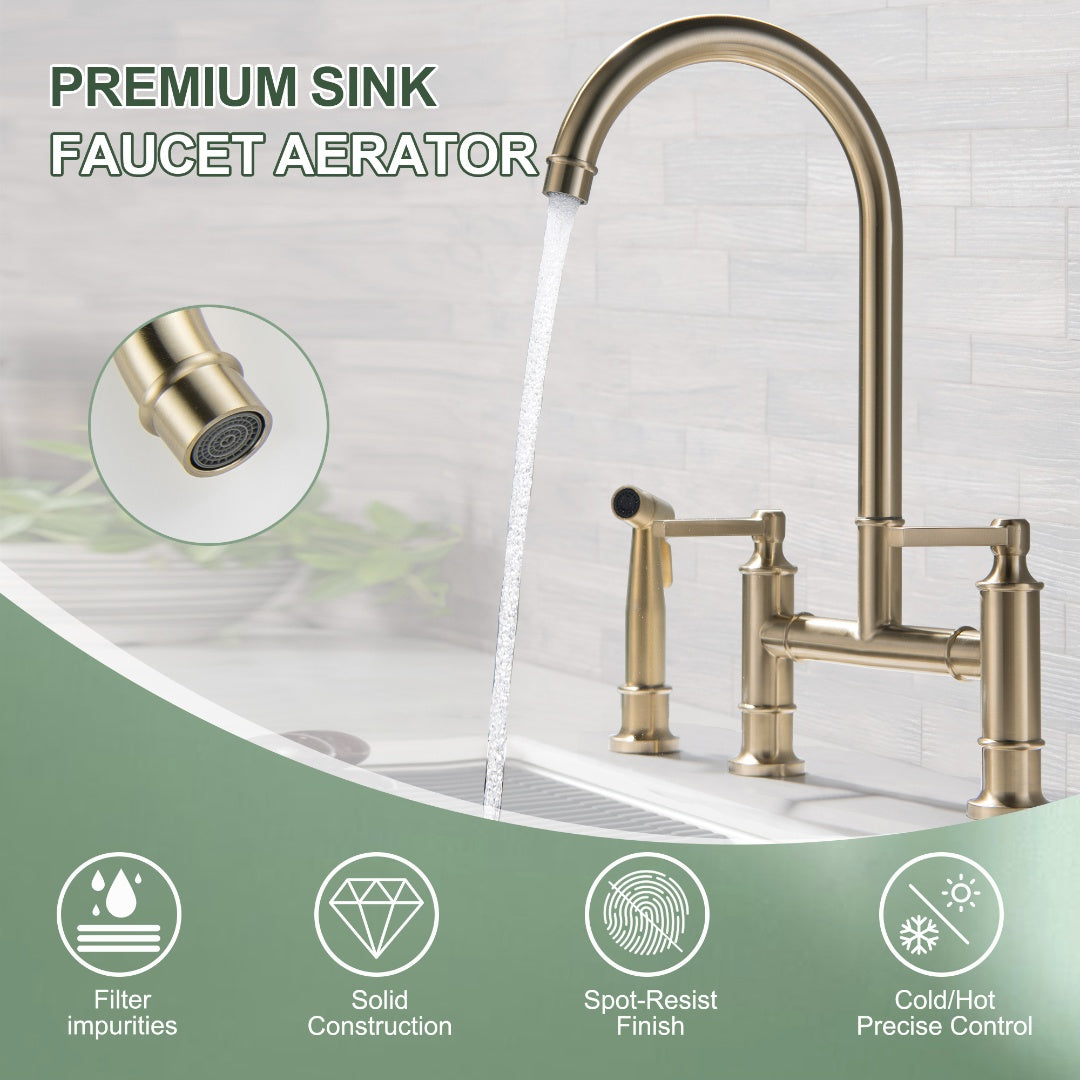 2-Handle Bridge Kitchen Faucet With Side Sprayer In Brushed Gold