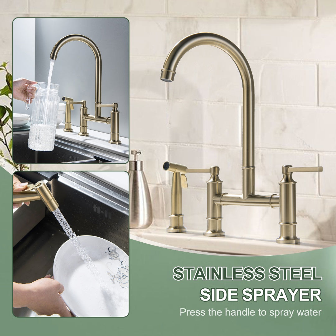 2-Handle Bridge Kitchen Faucet With Side Sprayer In Brushed Gold