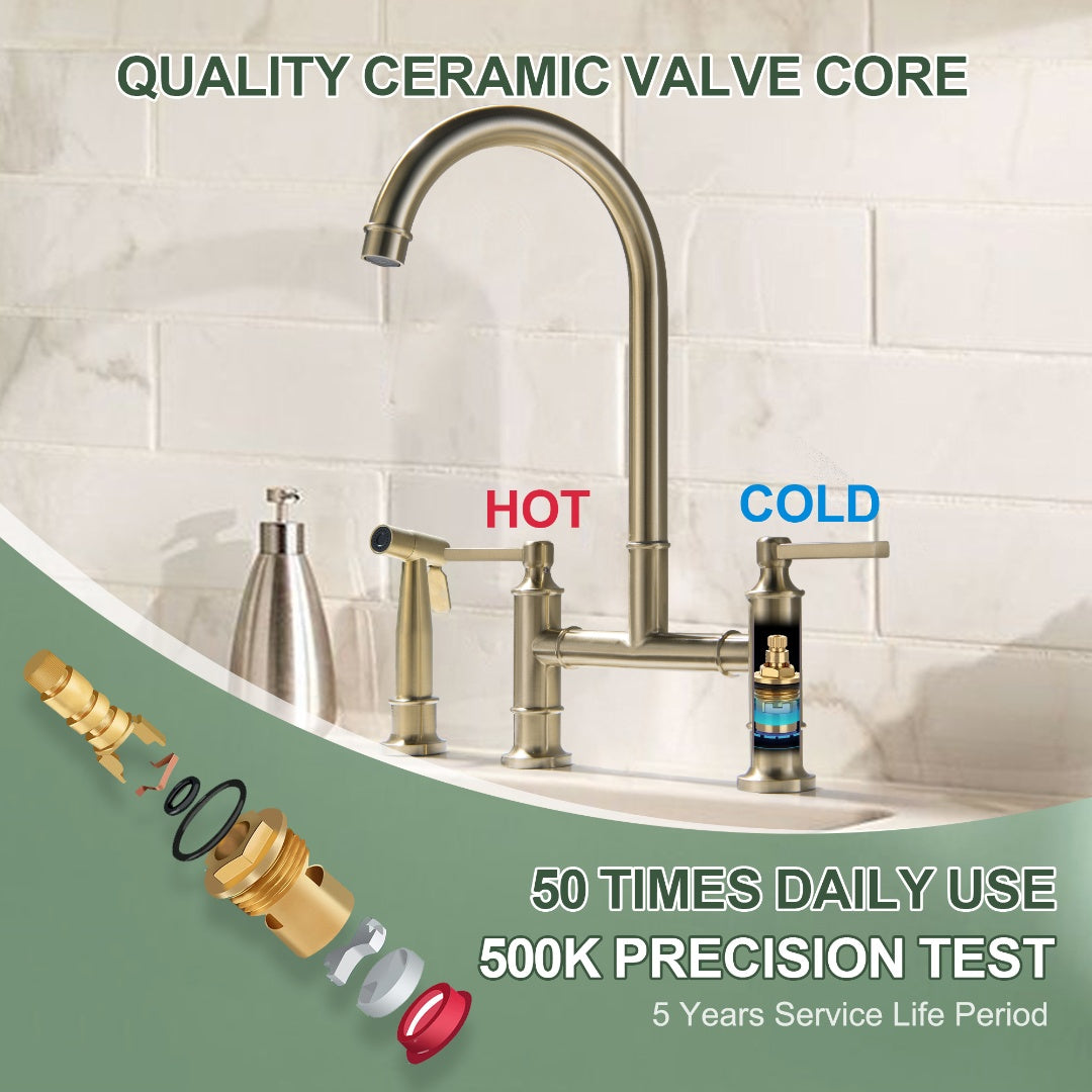 2-Handle Bridge Kitchen Faucet With Side Sprayer In Brushed Gold