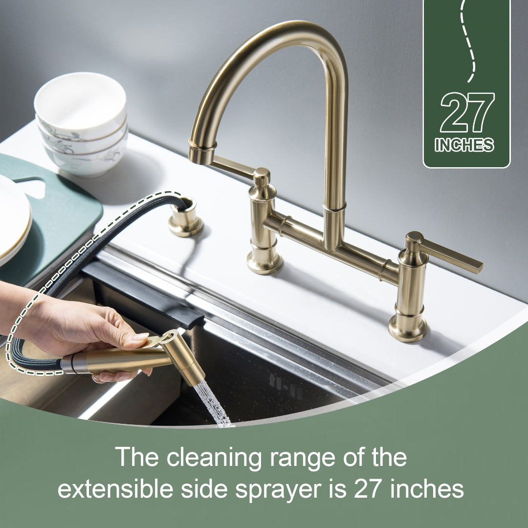 2-Handle Bridge Kitchen Faucet With Side Sprayer In Brushed Gold