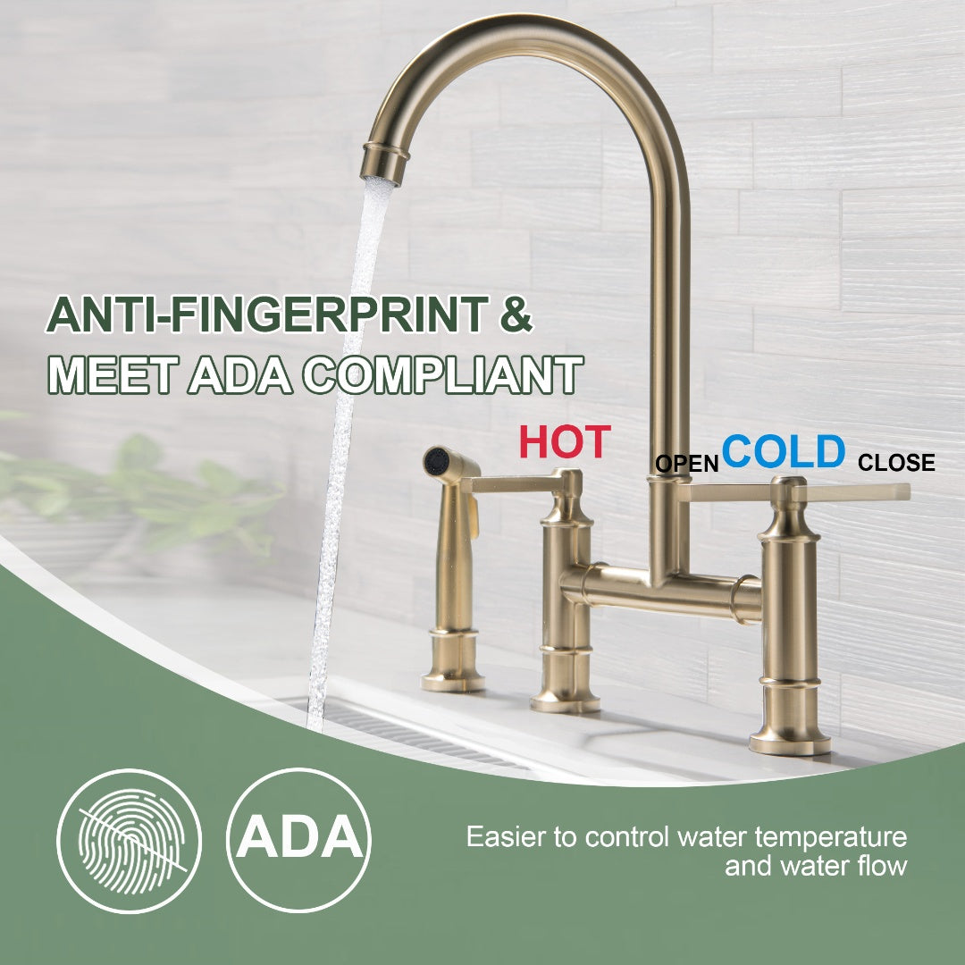 2-Handle Bridge Kitchen Faucet With Side Sprayer In Brushed Gold