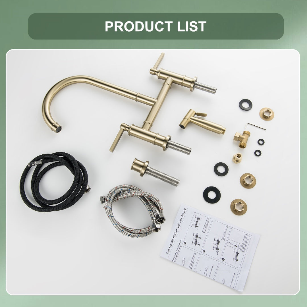 2-Handle Bridge Kitchen Faucet With Side Sprayer In Brushed Gold