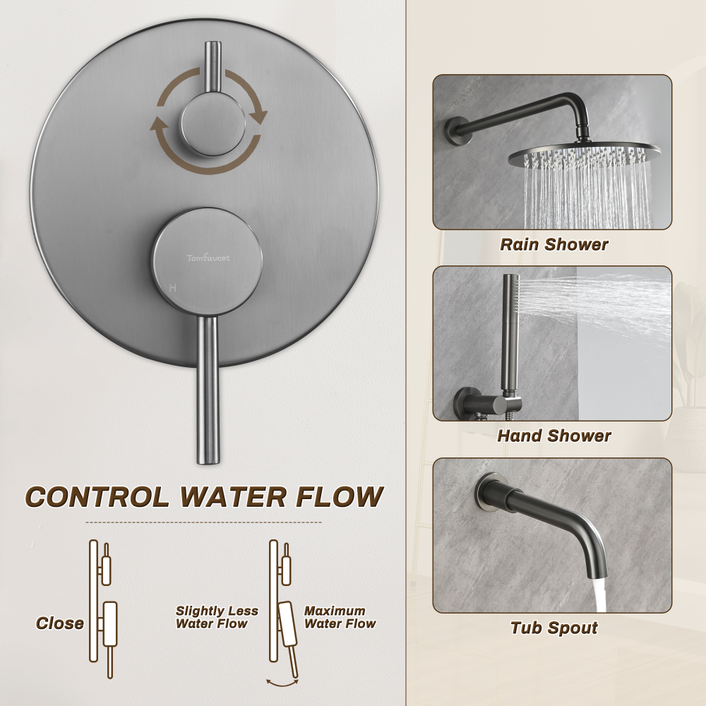 10-Inch Round Wall-Mounted Rain Shower System With A Bathtub Spout TF00S3