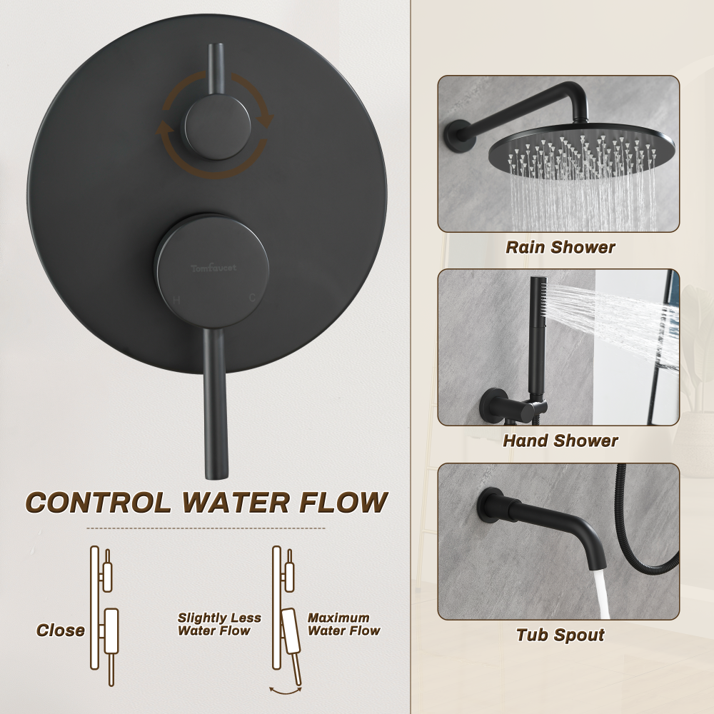 10-Inch Round Wall-Mounted Rain Shower System With A Bathtub Spout TF00S3