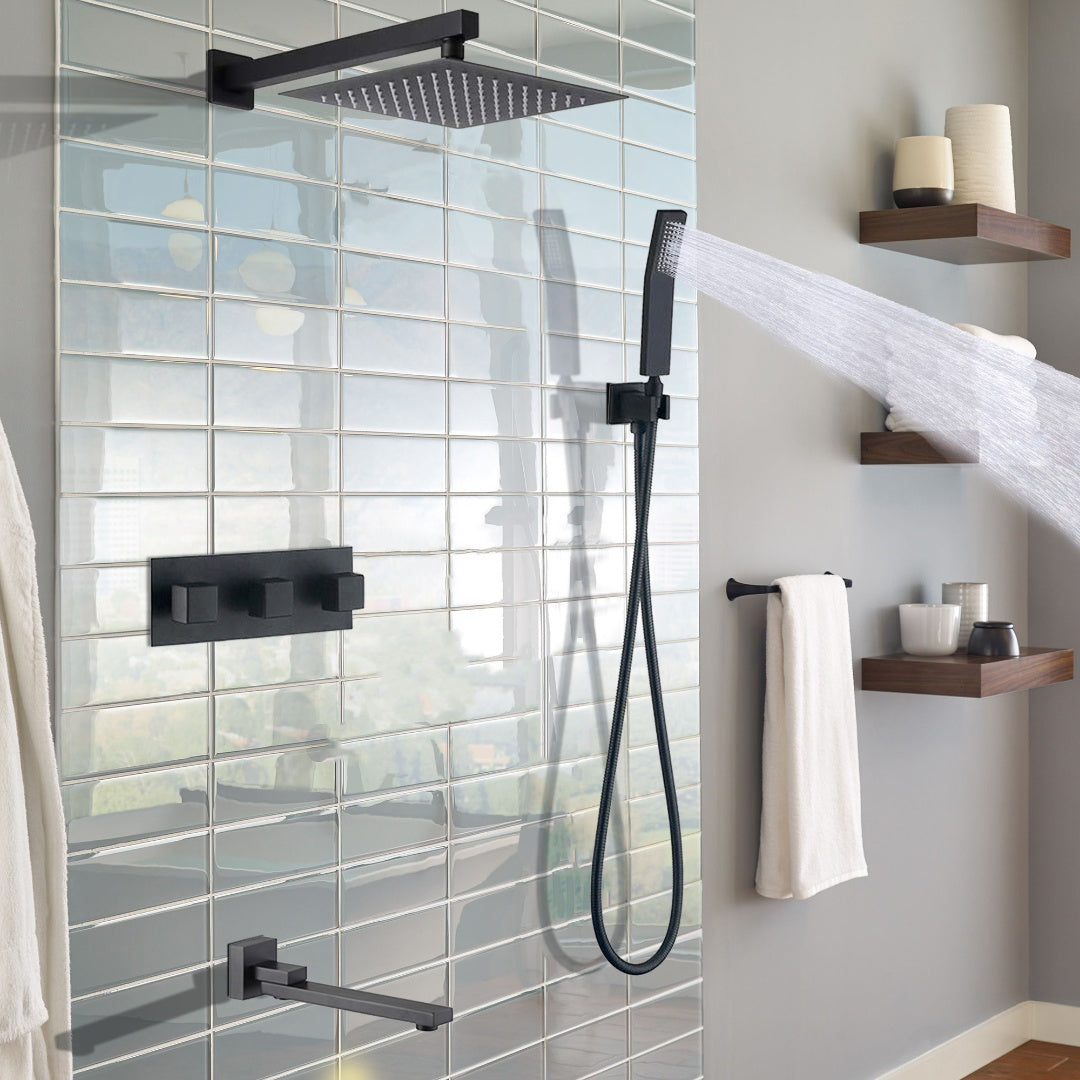 Matte Black Two-Function Wall Mount Shower System With Handheld Shower Head