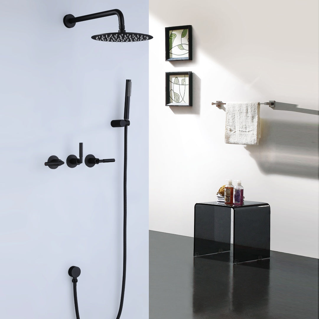 Three Handle 2-Function Matte Black Brushedn Gold Bathroom Shower Set With Ceramic Valve