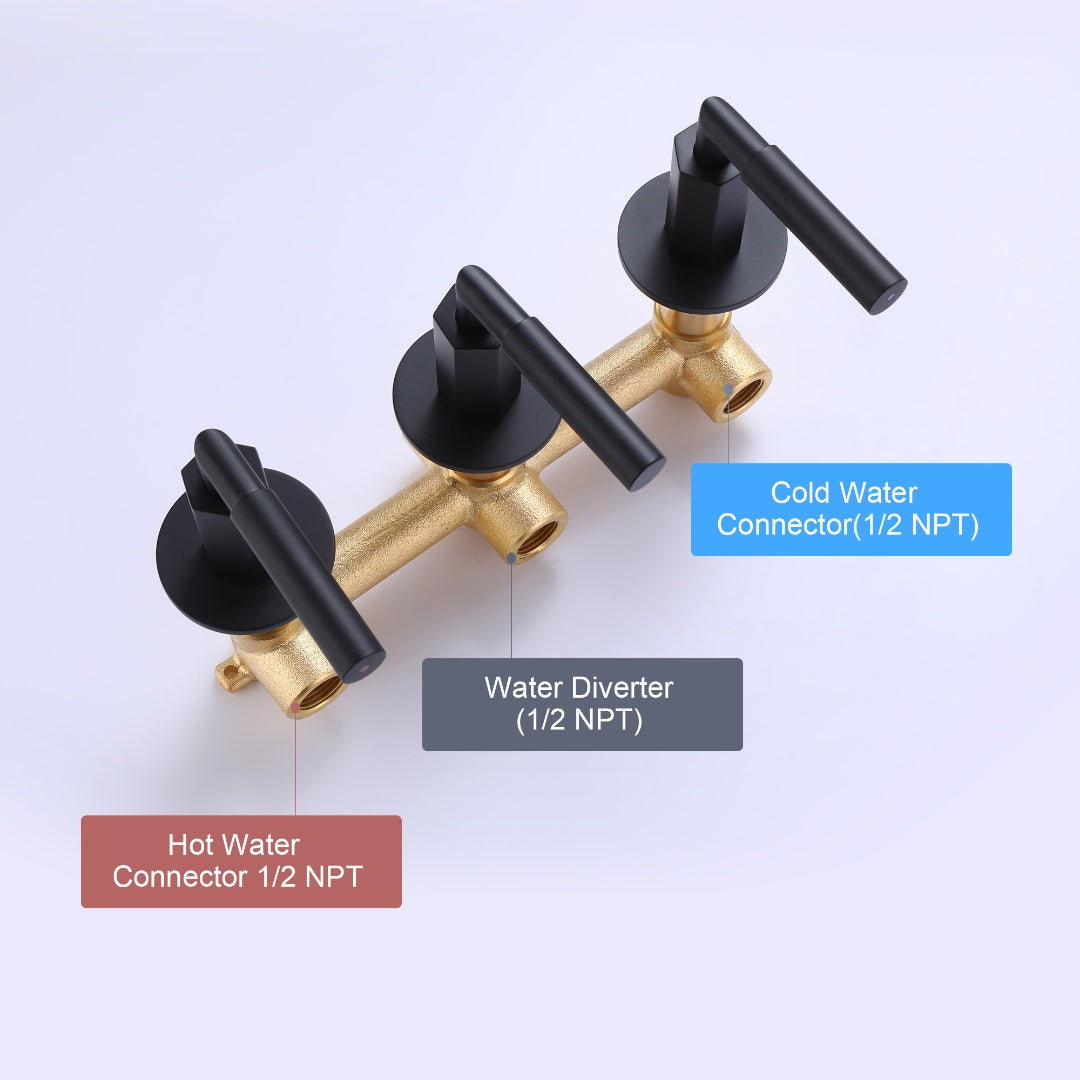 Three Handle 2-Function Matte Black Brushedn Gold Bathroom Shower Set With Ceramic Valve