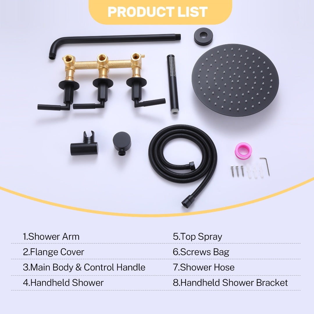 Three Handle 2-Function Matte Black Brushedn Gold Bathroom Shower Set With Ceramic Valve