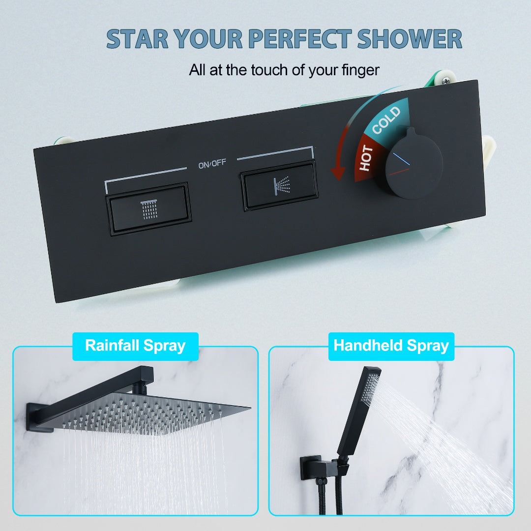 Matte Black Thermostatic Shower System with Rain Shower Head And Handheld Shower