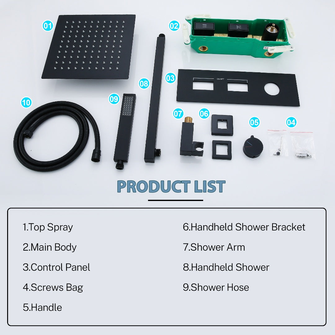 Matte Black Thermostatic Shower System with Rain Shower Head And Handheld Shower