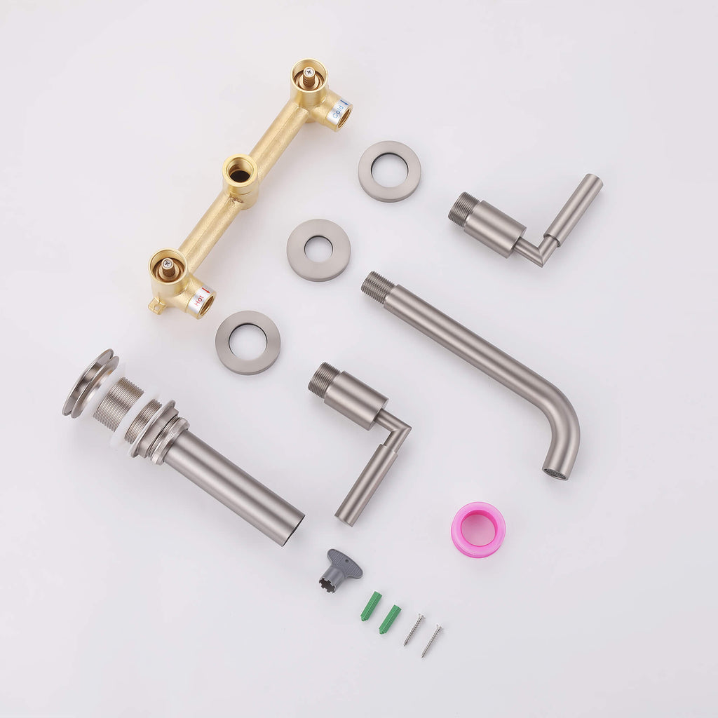 Wall-Mounted Bathroom Faucet with Drain Assembly Solid Brass 3-Piece Set