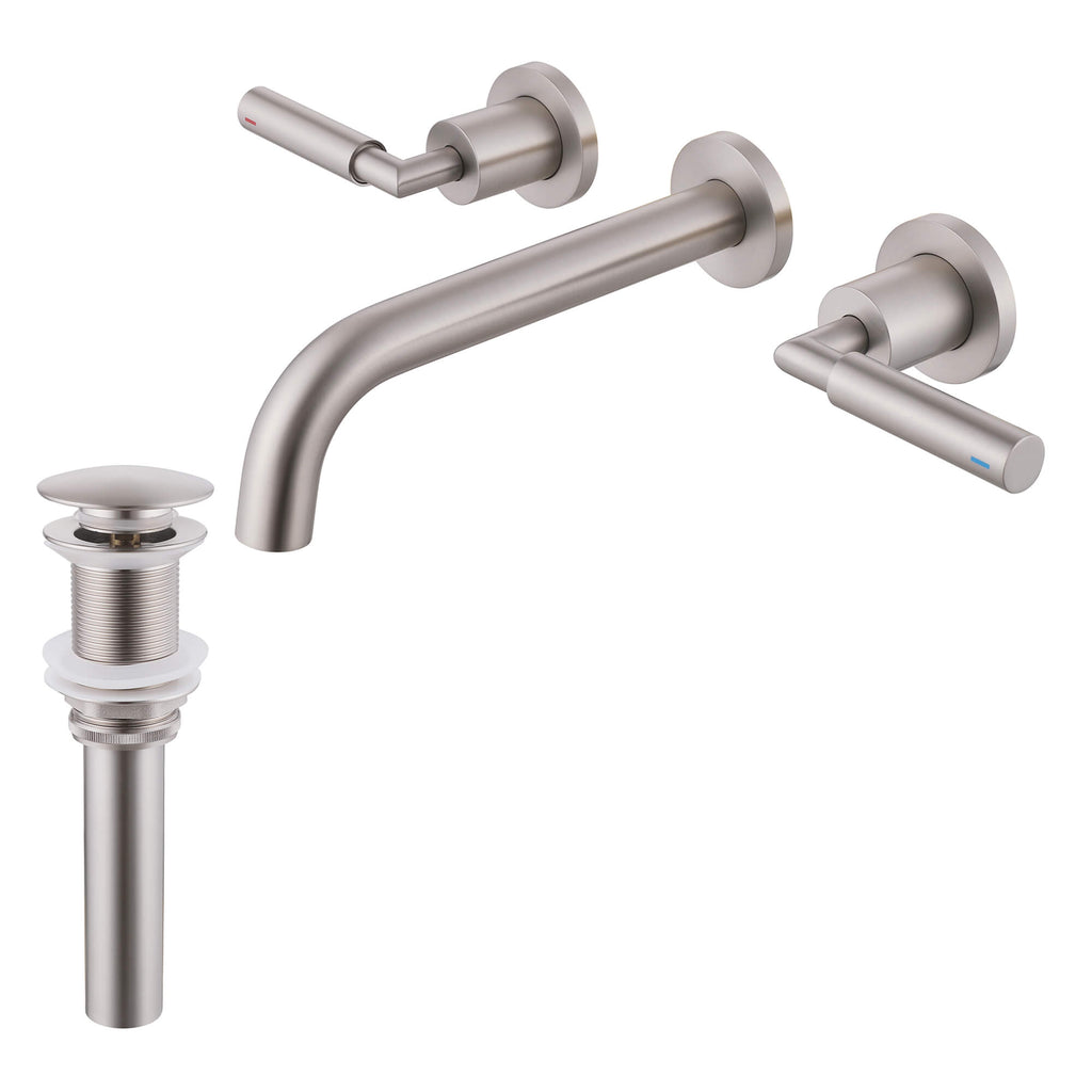 Wall-Mounted Bathroom Faucet with Drain Assembly Solid Brass 3-Piece Set