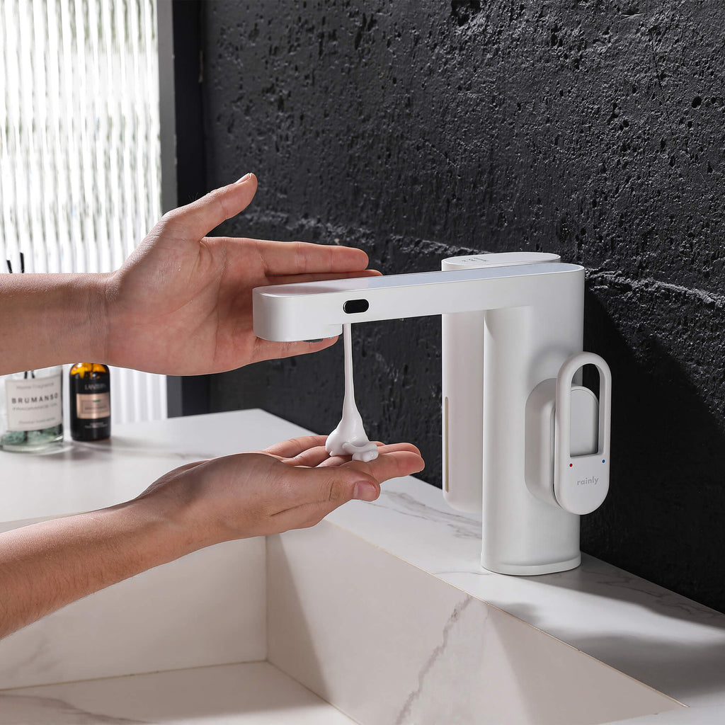 Touchless Smart Soap & Water Sensor Basin Faucet with Integrated Digital Temperature Screen