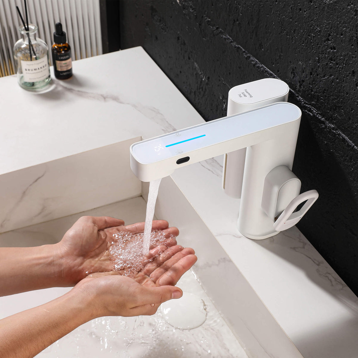 Touchless Smart Soap & Water Sensor Basin Faucet with Integrated Digital Temperature Screen