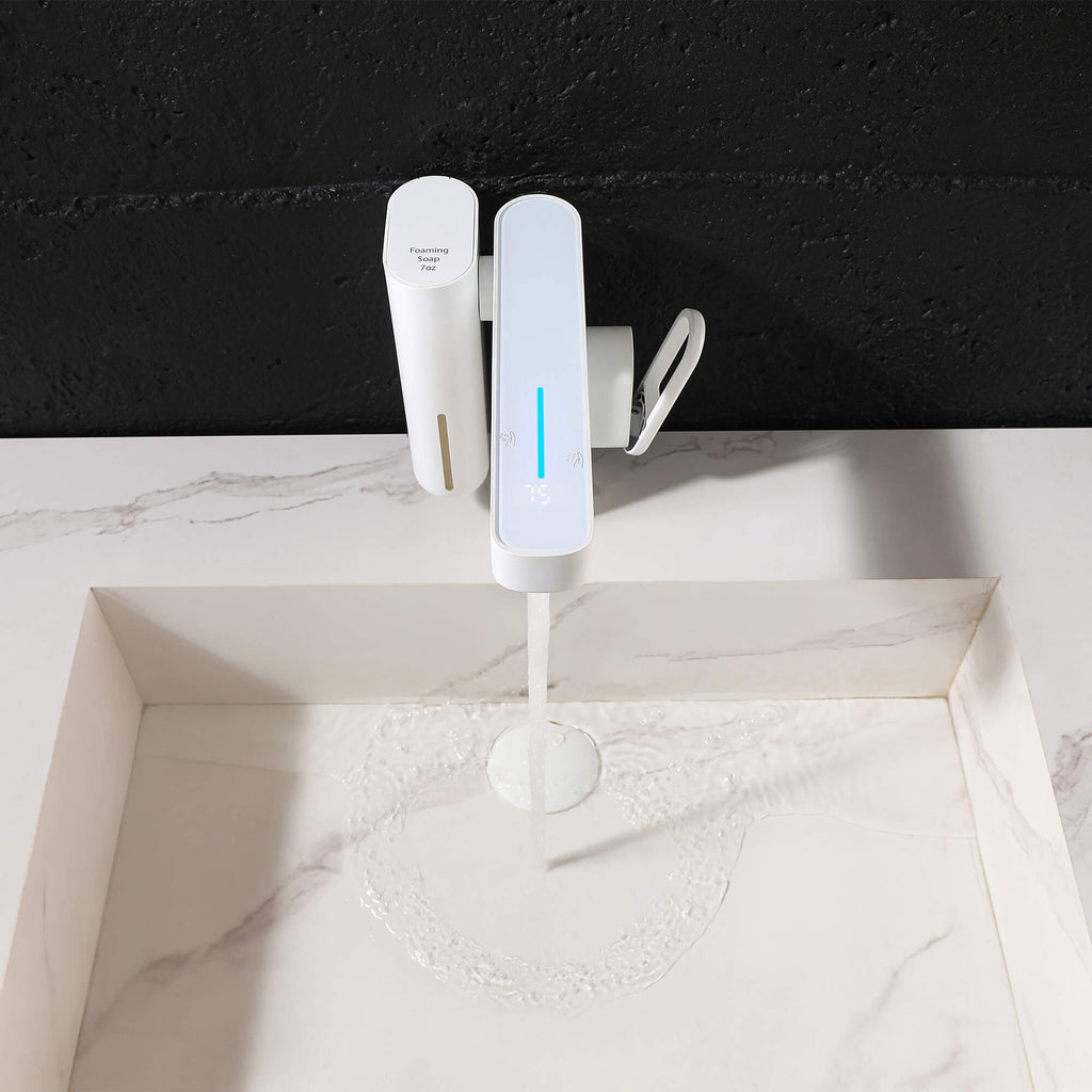 Touchless Smart Soap & Water Sensor Basin Faucet with Integrated Digital Temperature Screen